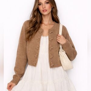 100% Alpaca Wool boho cottage cozy preppy boxy cardigan sweater Medium Brown